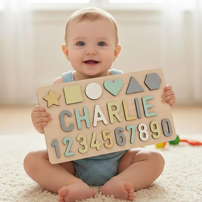 Name Puzzle for Kids Personalized Baby Gifts Wooden Toys Puzzles for Toddlers 1-3 Shapes Number Puzzle Educational Learning Toys Customized for Boys Girls First Birthday
