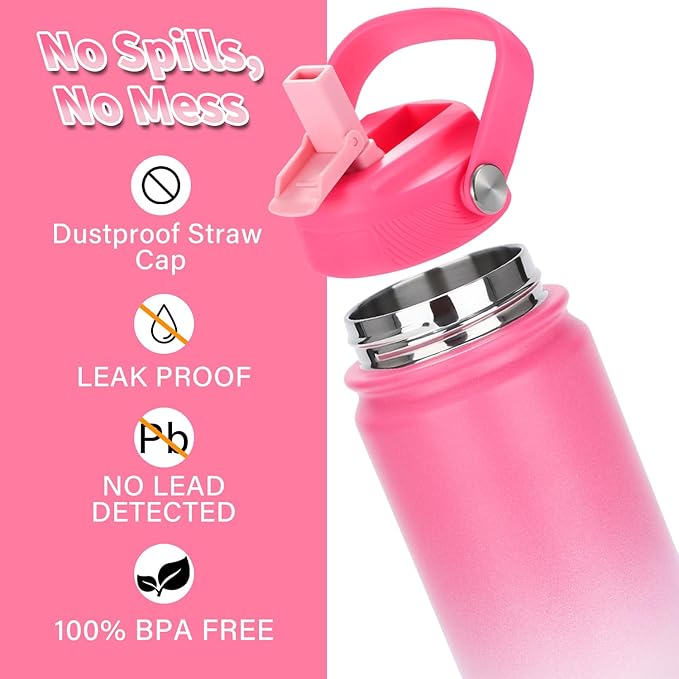 Mininoo Insulated Stainless Steel Kids Water Bottle for School with Straw Lid & Strap, 50 Stickers, 18 oz(Sweat Peach)