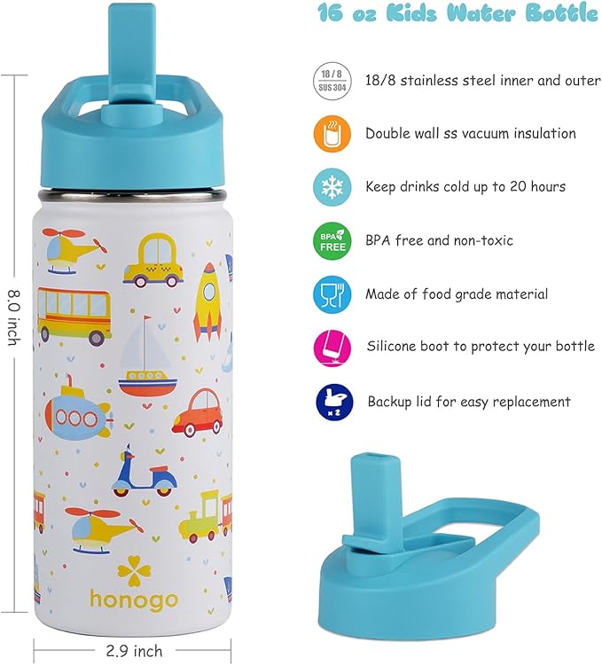 16 oz Stainless Steel Insulated Kids Water Bottle, Leak Proof Metal Thermal Flask with Straw lid, Cute Toddler Tumbler Cup for School Girls & Boys (White, Vehicle)