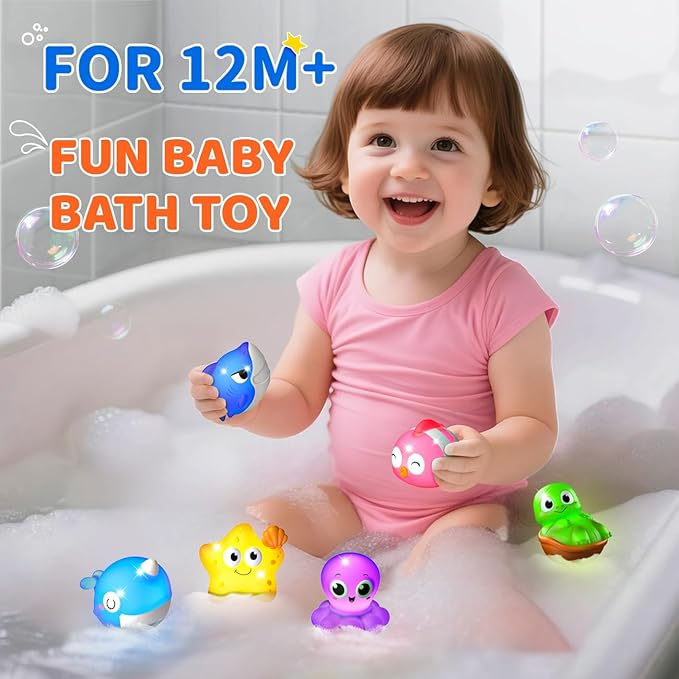 6 Packs Light Up Bath Toys for Kids Ages 1-3, Sea Animals Bathtub Toys for Baby 12-18 Months Toddlers 2-4, Water Pool Toys for 1 2 Year Old Boy Girl Gifts