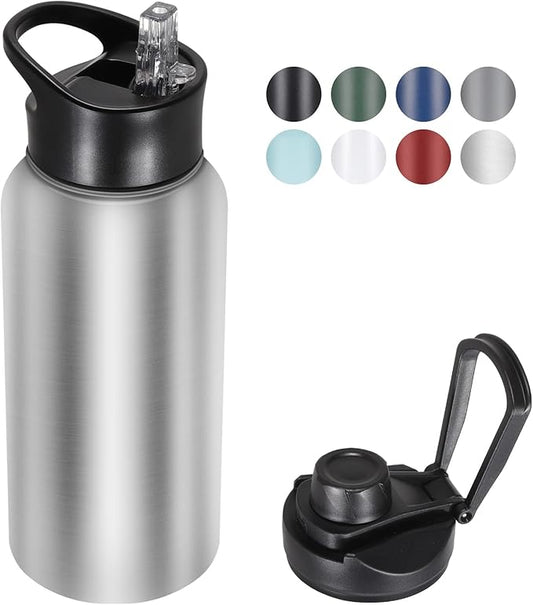 32 oz Insulated Water Bottle with Straw Lid & Wide Mouth Lids, Stainless Steel Sports Water Bottles, Double Walled Vacuum, Leak Proof, Stainless Steel