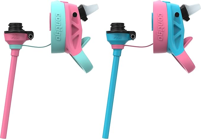 Contigo Aubrey Kids BPA-Free Water Bottle with Silicone Straw Spill-Proof Lid Dishwasher Safe 20oz 2-Pack Suitable for 3+ Years Azalea/Jade & Blue Raspberry/Azalea