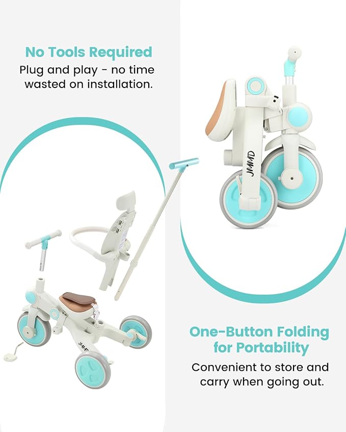 JMMD Baby Tricycle, 7-in-1 Multifunctional Kids Trike with Adjustable Parent Handle, Safety Harness & Wheel Brakes, Removable Canopy, Stroll Trike for Boys & Girls Ages 18 Months-5 Years, Mint