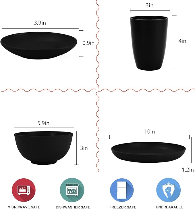 Wrova Wheat straw dinnerware set of 28 - Bowls and Plates Set for Dorm - Microwave and Dishwasher safe dish sets for kitchen,camping,indoors and out doors.Black