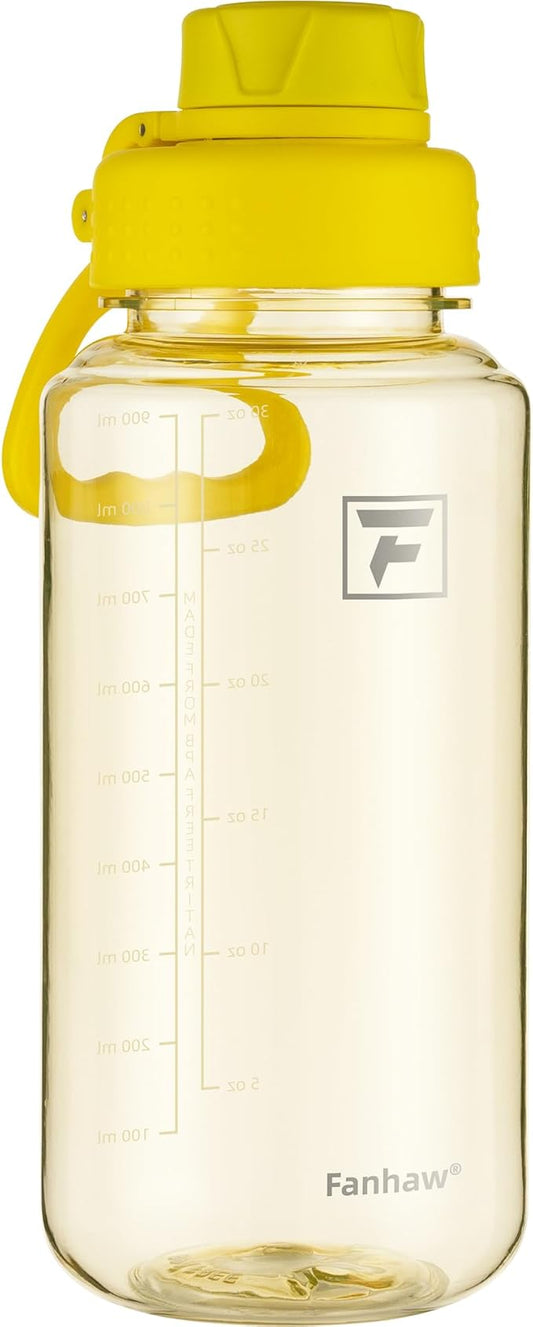 Fanhaw 32 oz Clear Water Bottle with Fast-Flow Spout Lid, BPA-Free Tritan, Wide Mouth, Leakproof, Reusable Bottle for Gym, School, Office, Travel (Imperial Yellow)