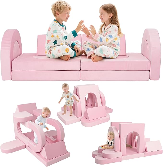 12 Pcs Modular Kids Play Couch, Toddler Couches That Fold Out, Plush Foam Chair for Children’s Playroom, Velvet Fabric Convertible Foam and Floor Cushion for Boys and Girls (Pink,07)
