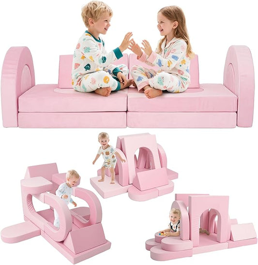 12 Pcs Modular Kids Play Couch, Toddler Couches That Fold Out, Plush Foam Chair for Children’s Playroom, Velvet Fabric Convertible Foam and Floor Cushion for Boys and Girls (Pink,07)