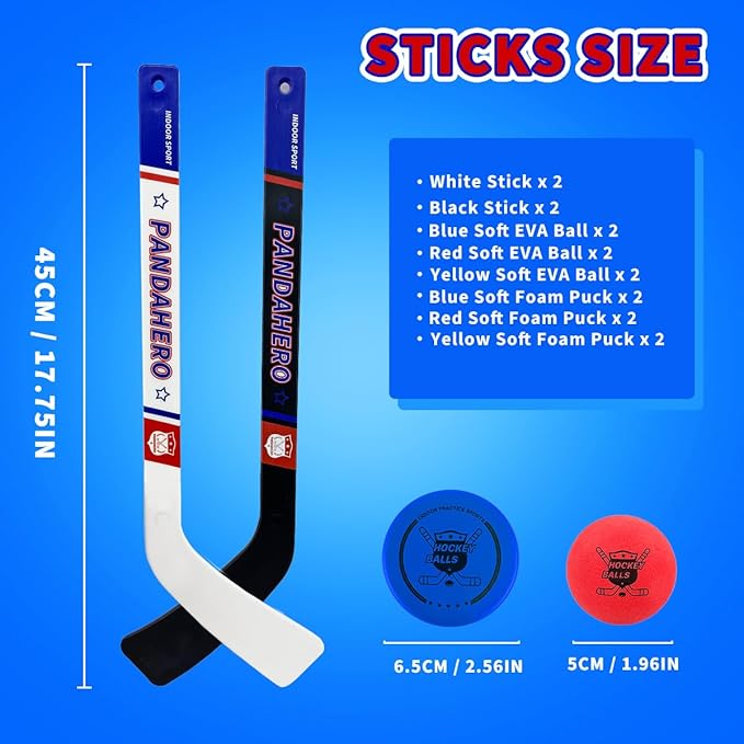 Pandahero Mini Hockey Stick Set for Kids – Indoor Floor Hockey Kit with 4 Mini Hockey Sticks & 12 Knee Hockey Balls – Soft Foam Pucks & Balls – Fun Hockey Gifts for Boys & Girls