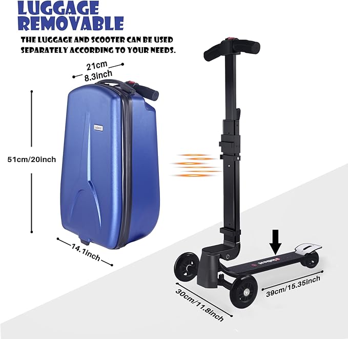 Scooter Luggage for Kids Scooter Suitcase for Ages 4-12, 4 in 1 Kids Luggage Boarding Suitcase Detachable & Foldable Scooter Travel Trolley Ride On Luggage-Blue