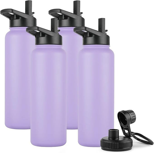 DOMICARE 40 oz Insulated Water Bottle Bulk, Vacuum Insulated Stainless Steel Sports Water Bottle with Straw Lid & Spout Lid, Leakproof, Reusable - Travel, Camping, Bike, Purple (4 Pack)