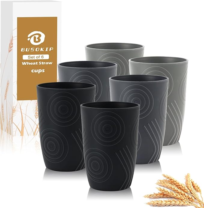6 Pack Wheat Straw Cups 12 oz, Plastic Cups Reusable Drinking Glasses, Small Kids Cup, Unbreakable Water Tumblers Set Kitchen Cup Dishwasher Safe (Black, Grey)