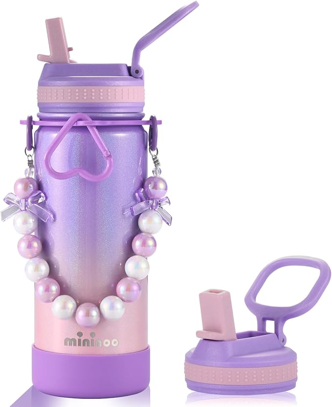 Mininoo Kids Water Bottle for School - 16 oz Stainless Steel Insulated Water Bottle with Ceramic-Lined, Leakproof Straw Lid & Beaded Handle for Girls & Boys