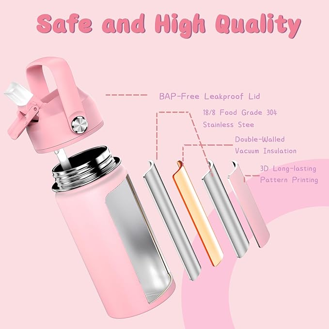 14oz Kids Insulated Water Bottle with Straw Lid - 18/8 Stainless Steel Kid Cup Travel Tumbler Double Wall Vacuum Leak Proof Portable Toddler Water Bottle (Pink+Purple）