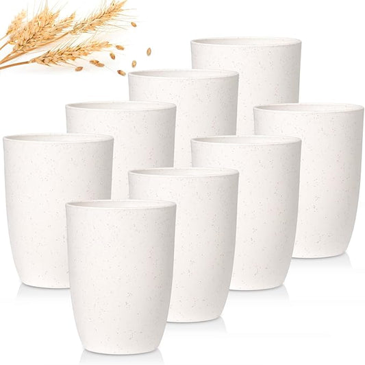 12 OZ Wheat Straw Cups Reusable Drinking Tumblers, Unbreakable Cups for Kitchen - BPA Free, Dishwasher Safe, Set of 8, White