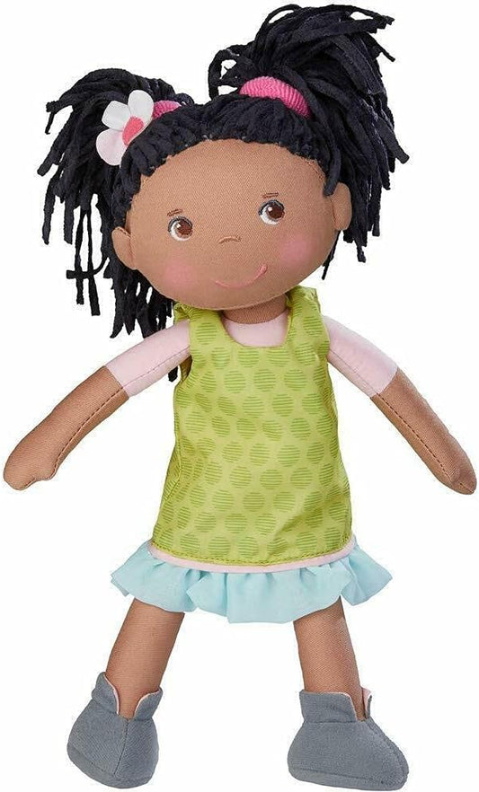 HABA Cari 12" Black Baby Doll with Black Pigtails, Embroidered Face, Removable Green Dress, Machine Washable Soft Baby Doll - 18 Months+