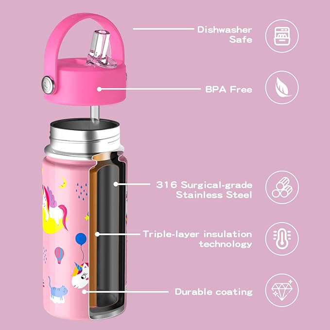 OISIZ Kids Water Bottle with Straw Lid 14oz, Vacuum Insulated 316 Stainless Steel Water Bottles for Kids for School, Leakproof Water Bottle, BPA Free and Keep Cold for 24 Hours