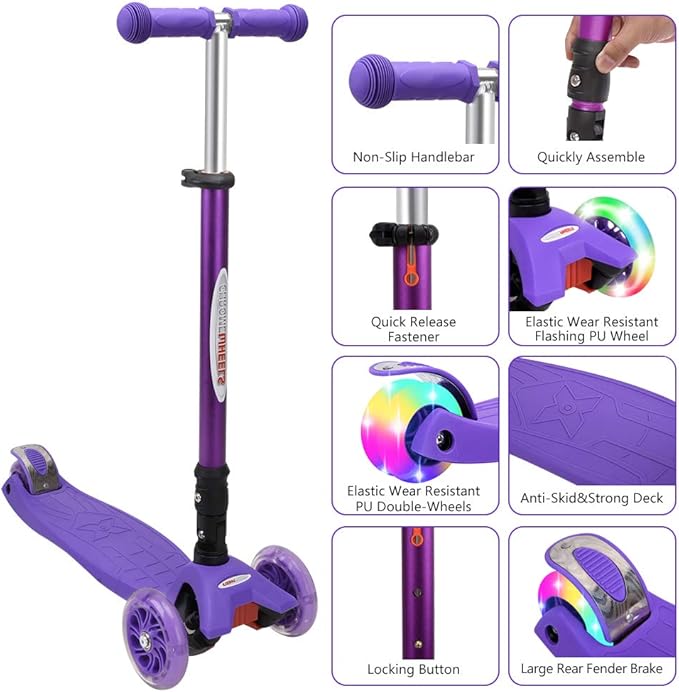 ChromeWheels Foldable Scooters for Kids, Deluxe Kick Scooter 4 Adjustable Height 132lbs Weight Limit 3 Wheel, Lean to Steer LED Light Up Wheels, Best Gifts for Girls Boys Age 3-12 Year Old