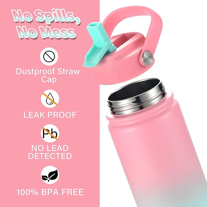 Mininoo Insulated Stainless Steel Kids Water Bottle for School with Straw Lid & Strap, 50 Stickers, 18 oz(Pink/Sky)