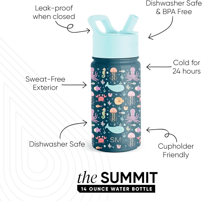 Simple Modern Kids Summit Water Bottle with Straw Lid | 14oz Stainless Steel Cup Insulated Tumbler for Toddlers, School | Under the Sea