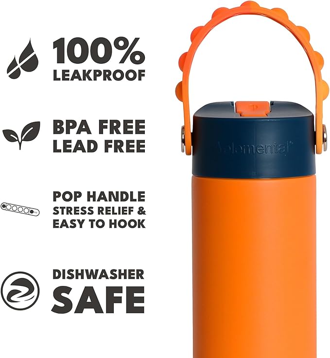 Elemental Insulated Kids Water Bottle, Stainless Steel Water Bottle with Straw Lid & Pop-It Handle, Leak-Proof Water Bottles for School, Boys or Girls, Travelling and Sports, 18oz - Orange Tie Dye