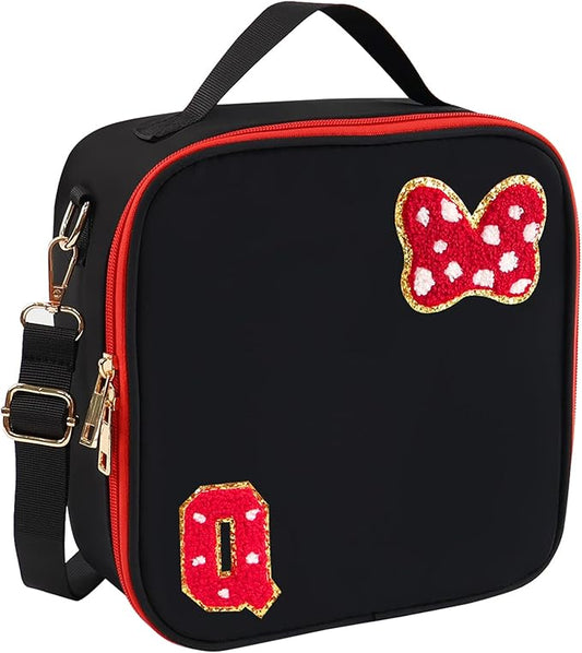 Preppy Initial Bow Mouse Lunch Bag, Kids Insulated Lunch Box Gifts for Teen Girls Daughter, Reusable Soft Lunch Containers Crossbody Cooler Bag Must Haves for Park Travel School Work Picnic Black Q