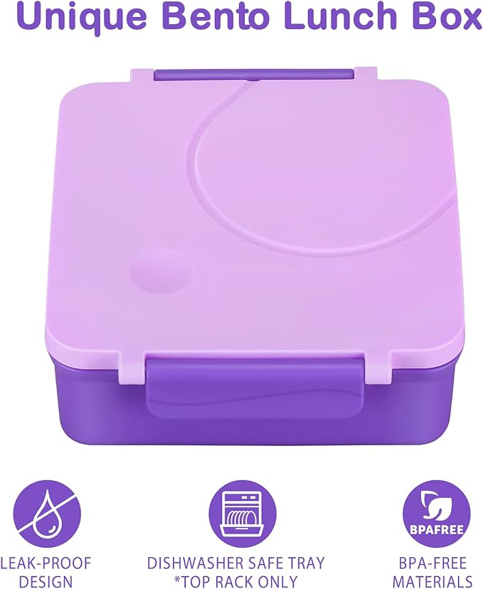 Bento Lunch Box Set for Kids with 8oz Soup Thermo, Leak-Proof Lunch Containers with 4 Compartment, Kids Thermo Hot Food Jar and Insulated Lunch Bag for Kid to School-Purple