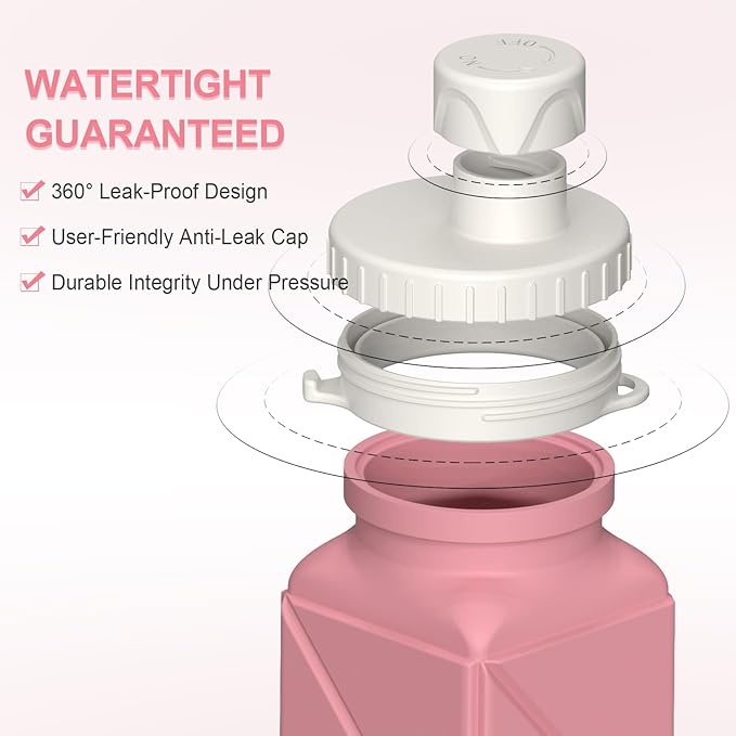 Collapsible Water Bottles 20.6oz, Silicone Foldable Portable Travel Water Bottle, Lightweight Reusable Leakproof for Traveling Camping Hiking Cycling Yoga Sports Outdoor, 1 Pack (Pink)