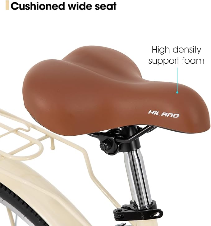 HILAND 26 inch Beach Cruiser Bike for Men and Women, 7 Speed Step-Through Frame Adult Bicycle with Rear Rack, Retrospec Bike Commuter City Bicycle