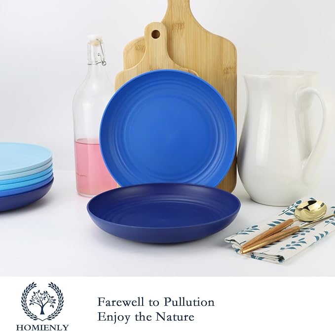 Homienly Wheat Straw Salad & Dessert Plates Set - Unbreakable, Reusable, 8-10 inch, Blue Series