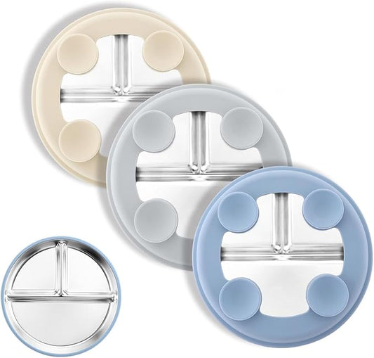 Stainless Steel Suction Plates for Toddlers, 8" Divided Kids Baby Plates with Removable Silicone Suction, Non Toxic Non Slip Portion Control Snack Dishes 3 Packs, Blue Gray Beige