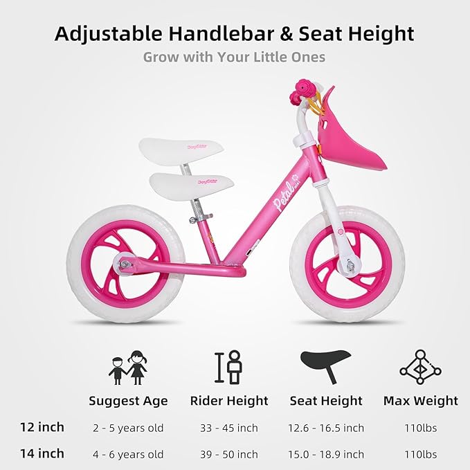 JOYSTAR 12/14 Inch Kids Balance Bike for 18months-5 Years Old Boys Girls, Lightweight Toddler Balance Bikes with Footrest and Handlebar Basket or Doll Seat