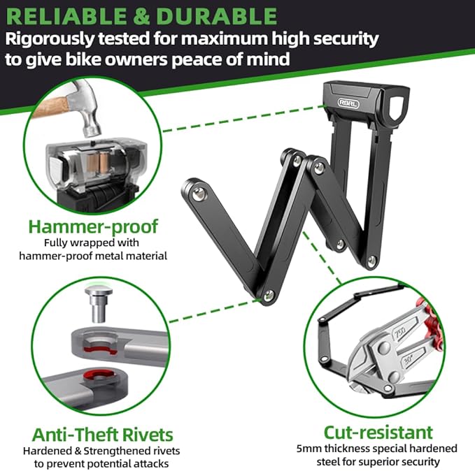 RBRL Folding Bike Lock, 3.6ft Heavy Duty Anti Theft, Hardened Steel 8mm Chain Lock with 4 Keys for Ebikes, Scooters, Motorcycles & MTB
