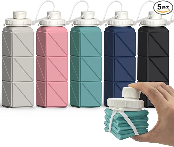 Collapsible Water Bottles 20.6oz, Silicone Foldable Portable Travel Water Bottle, Lightweight Reusable Leakproof for Traveling Hiking Sports, 5 Pack (Starlight+Pink+Blue+Dark Blue+Black)