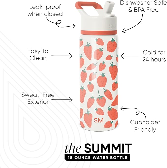 Simple Modern Kids Summit Water Bottle with Straw Lid | 18oz Stainless Steel Cup Insulated Tumbler for Girls, School | Strawberries on Cream