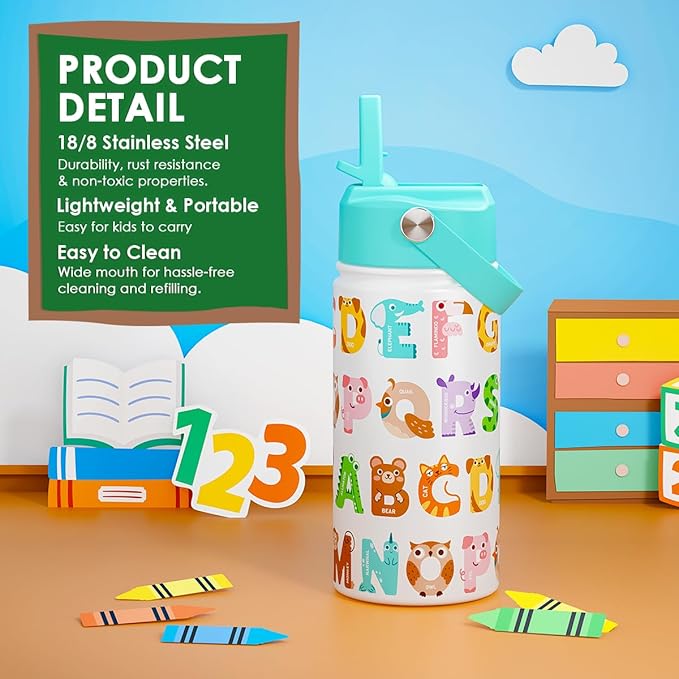 Alphabet Kids Water Bottle with Straw Lid 12oz Insulated Stainless Steel, Travel Tumbler, Animal Gifts for Boys Girls, Birthday, Christmas, Back to School