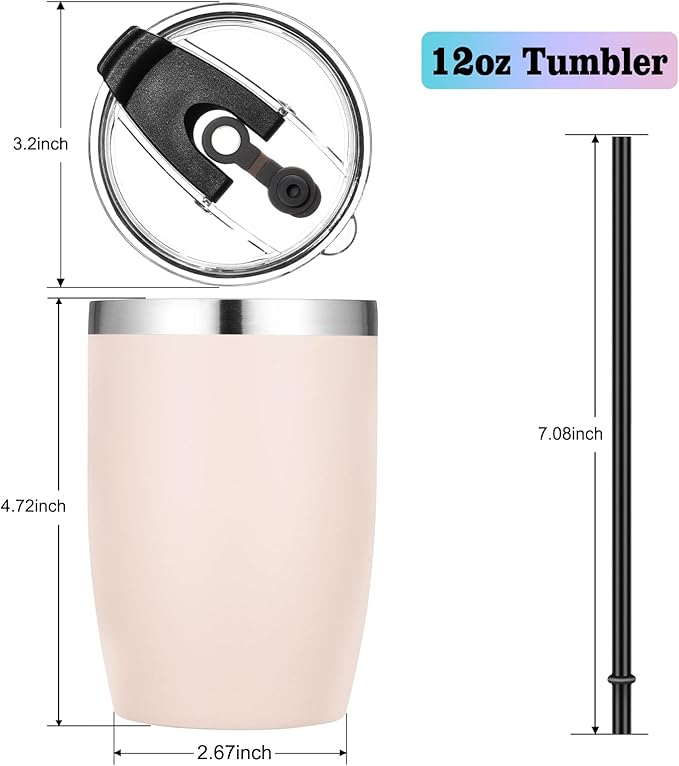 VEGOND Stainless Steel 12 oz Tumblers bulk Vacuum Insulated Double Wall Travel Tumbler with Lid and Straw Reusable Tumbler, Beige 1 Pack