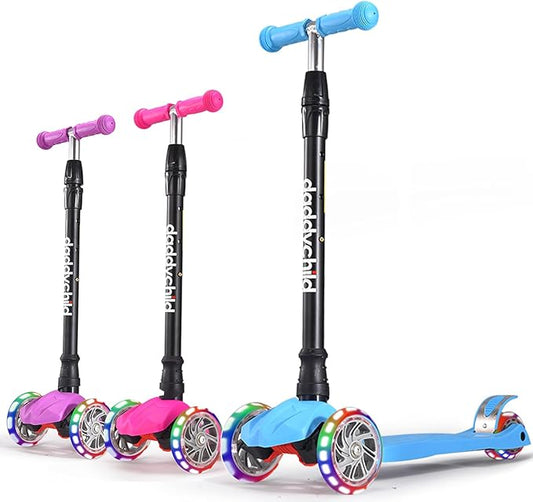 Kids Kick Scooter, 3 Wheeled Scooter for Kids, Child/Toddlers Toy, Adjustable Height, Anti-Slip Deck, Flashing Wheel Lights, for Boys/Girls 3-12 Year Old