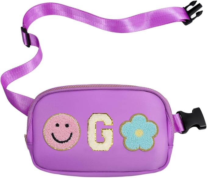 Fanny Pack for Girls Purple Kid Crossbody Bag Chenille G Letter Preppy Belt Bag, Christmas Birthday Easter Gifts for Teen Daughter Sister, Personalized Nylon Purse for 4 5 6 7 8 9 10 Year Old Girls