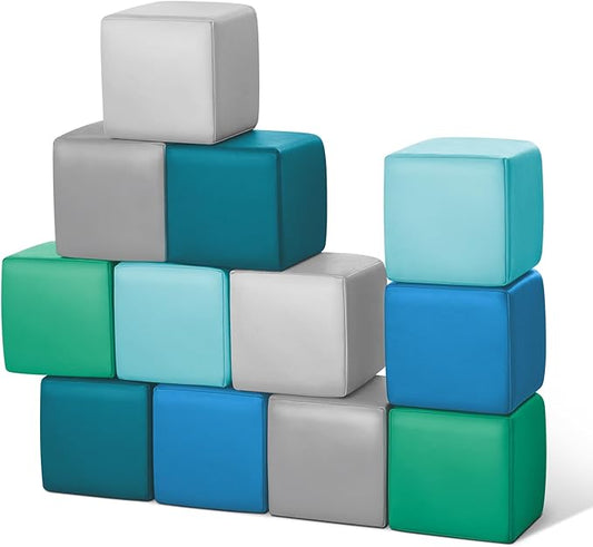 Foam Building Blocks for Toddlers：12-Pieces Wipeable Leather Stacking Cubes Kids - Large Soft Toys Play Set for Learning Construction Baby Preschool Daycare Therapy Birthday Gift (Modern)