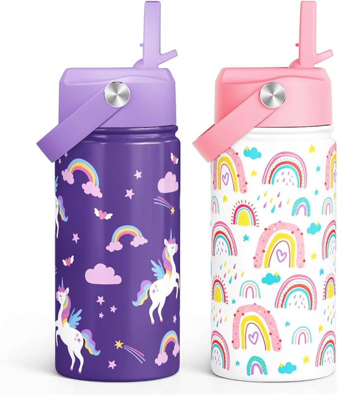 SANDJEST Kids Water Bottle with Straw Lid, Pack of 2 Insulated 12 Oz Stainless Steel Water Bottles for Girls, Travel Cup for School Sports, Unicorn - Rainbow