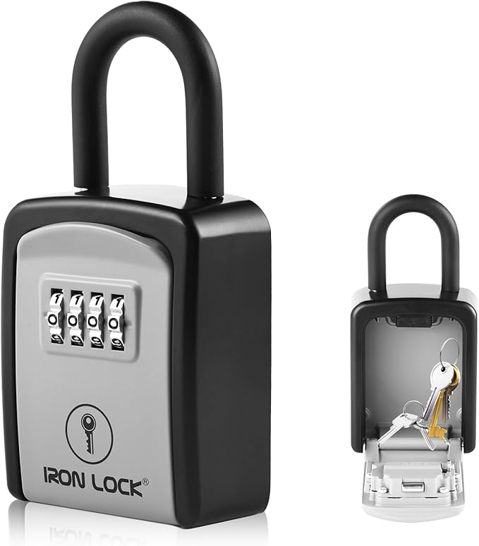 Iron Lock® Portable Key Lock Box with Removable U-Shackle Indoor Outdoor Waterproof 4 Digit Combination Resettable Code with A B Switch Key Lockbox for Outside Spare Keys for Realtors (Small, Grey)