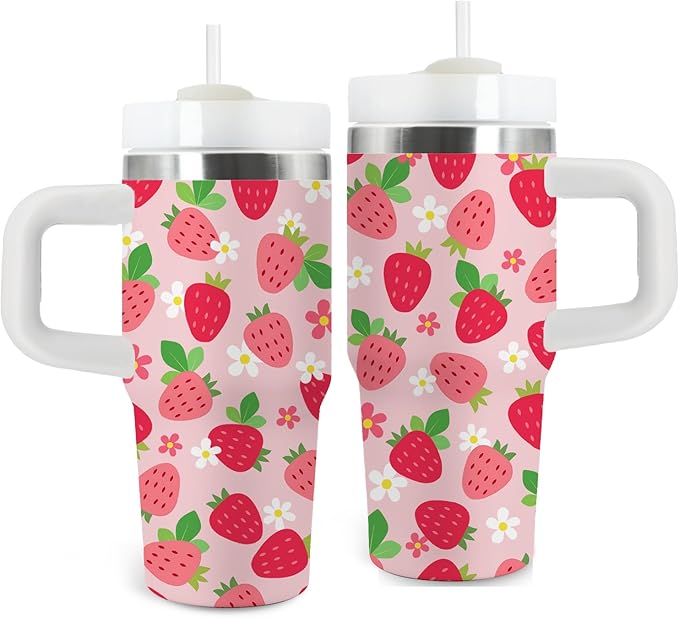 Strawberry Gifts for Girls - 14oz Pink Kids Strawberry Tumbler with Handle and Straw, Stainless Steel Insulated Water Cup, for School, Travel - Strawberries Themed Children Birthday Gift Cup(1pc)
