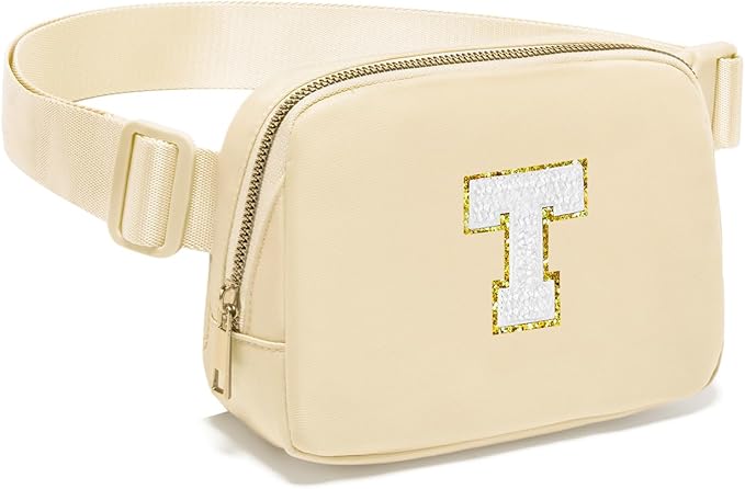 Gitus Birthday Gifts for 8 9 10 11 12 13 Year Old Girls Personalized Fanny Pack Crossbody Bags with Initial Letter Patch Belt Bag for Teen Girls Cute Trendy Stuff Travel Essentials (Beige-T)