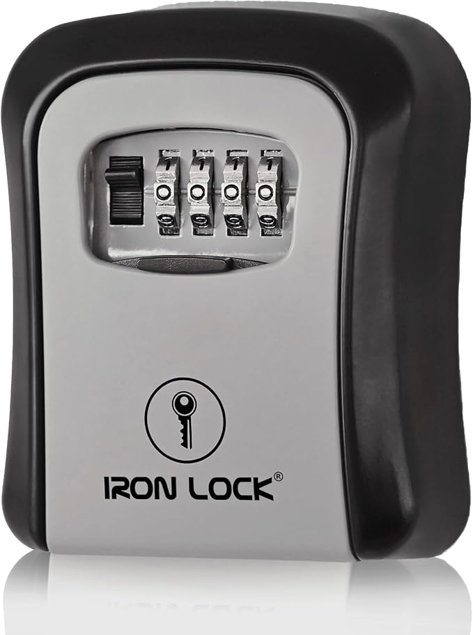 Iron Lock® Wall Mount Key Lock Box for Keys 4 Digit Combination with Resettable Code with A B Switch Indoor Outdoor Waterproof House Key lockbox for Spare House Keys 5 Capacity (Medium, Grey)