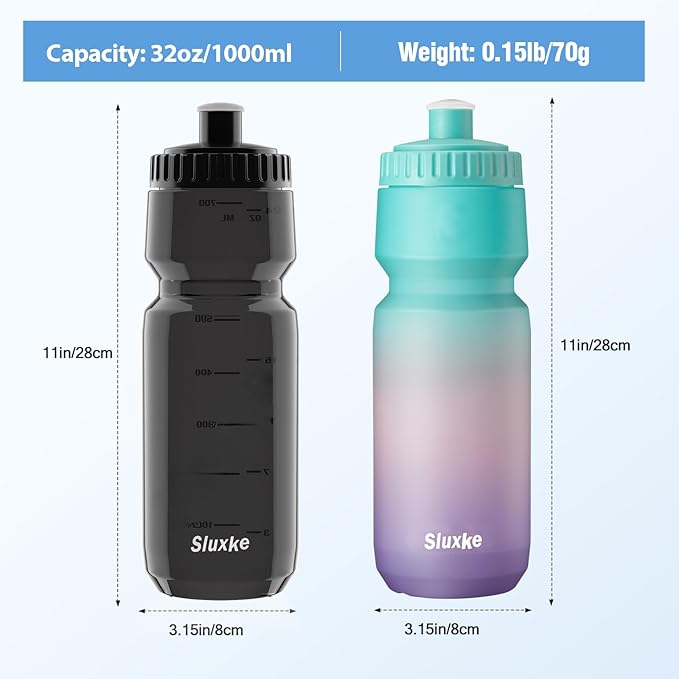 2Pack 32oz Bike Water Bottle, 1000ml Sports Cycling Water Bottle Easy to Squeeze, Lightweight Fits Most Bike Cages Bicycle