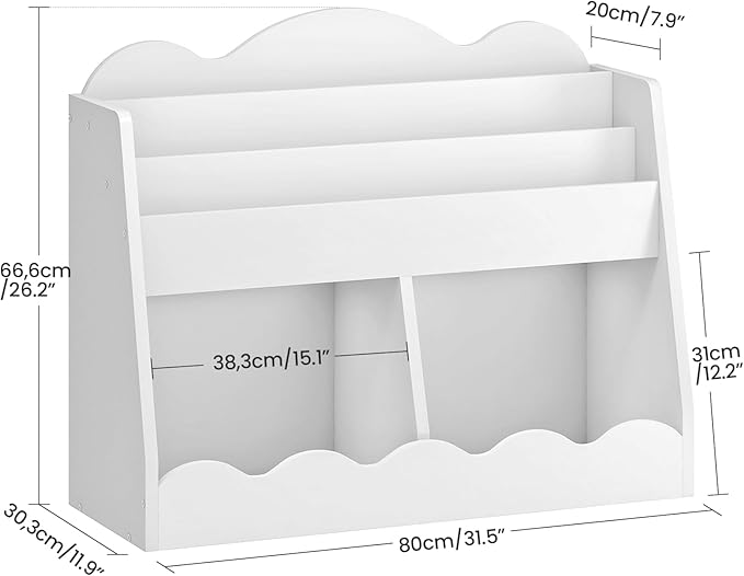 Kids Bookshelf and Toy Storage, Children's Bookcase with 2 Toy Cubes, Toddler Book Shelf for Kids Room, Wooden Book Organizer, for Playroom, Nursery, Living Room, White MCW15WB