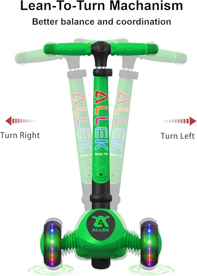 Allek Kick Scooter Foldable F02, 3-Wheel LED Flashing Glider and 4 Adjustable Height with Anti-Slip Thick Deck Push Scooter for Children 3-12yrs