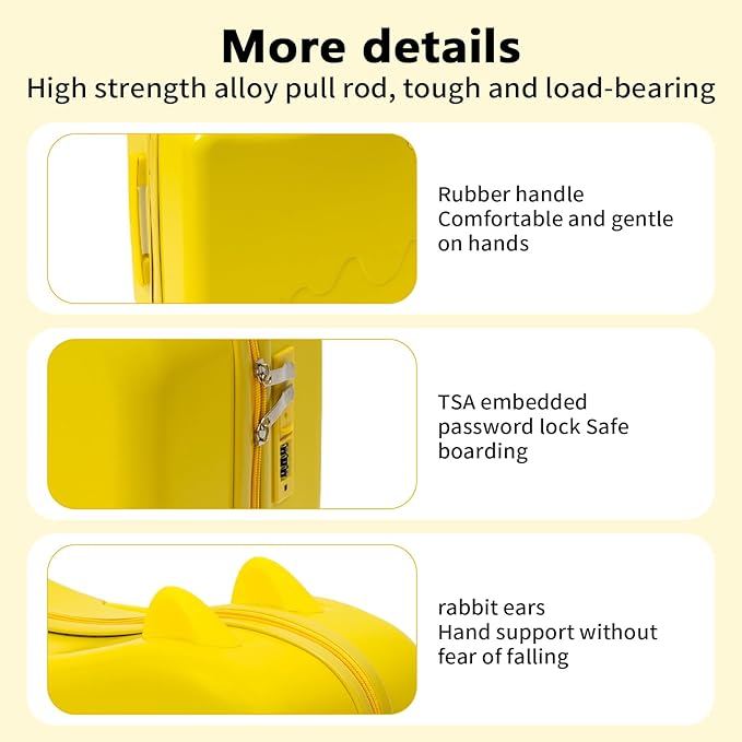 18" Children's Ride On Trolley, Ride-on Travel Suitcase, Cute Ear Toddler Carry on Luggage with Spinner Wheels, Children Rolling Trolly Luggage, Unisex Boys Girls Travel Suitcase with Lock (Yellow)