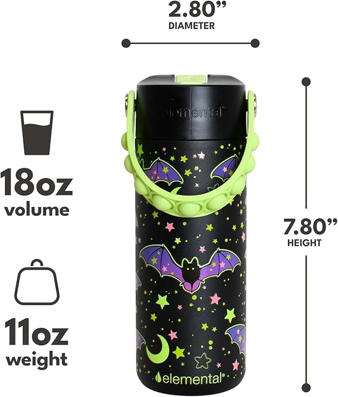 Elemental Insulated Kids Water Bottle, Stainless Steel Water Bottle with Straw Lid & Pop-It Handle, Leak-Proof Water Bottles for School, Boys or Girls, Travelling and Sports, 18oz - Glow Bats