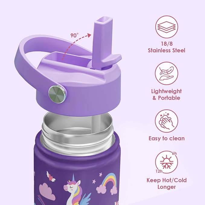 SANDJEST Kids Water Bottle with Straw Lid, Pack of 2 Insulated 12 Oz Stainless Steel Water Bottles for Girls, Travel Cup for School Sports, Unicorn - Rainbow